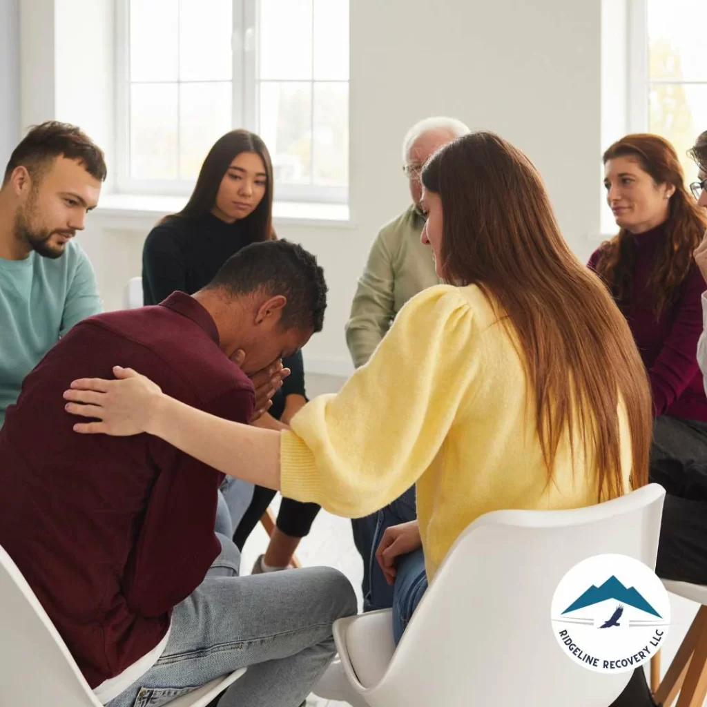 A group therapy session in progress, highlighting addiction therapy services in a supportive environment at an Ohio recovery center.