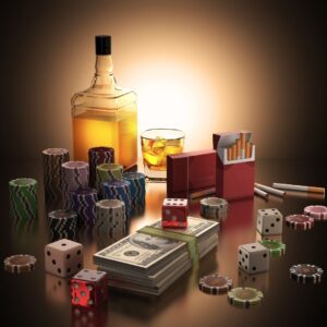 A high-stakes gambling scene featuring alcohol, cash, poker chips, dice, and cigarettes, symbolizing the dangerous lifestyle often linked to Effexor addiction and substance abuse.