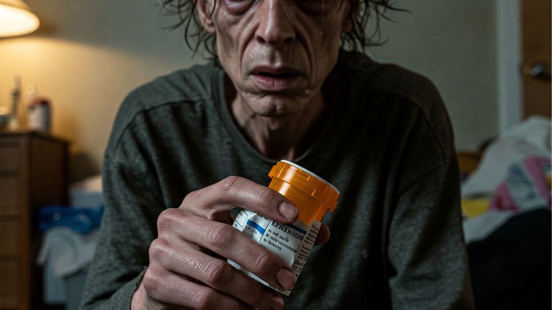 A gaunt man with a distressed expression holding an orange prescription bottle, likely Effexor, suggesting addiction.