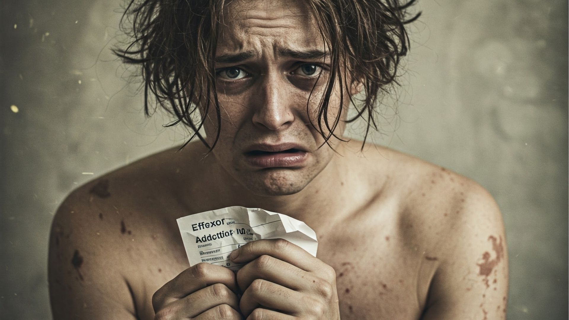 A man with a distressed expression holding a crumpled prescription label with "Effexor Addiction" written on it.