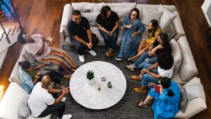 People gathered in a circle for an AA homegroup session in Columbus, Ohio.
