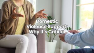 Counselor speaking with a domestic violence survivor in a warm, supportive domestic violence support session in Columbus.
