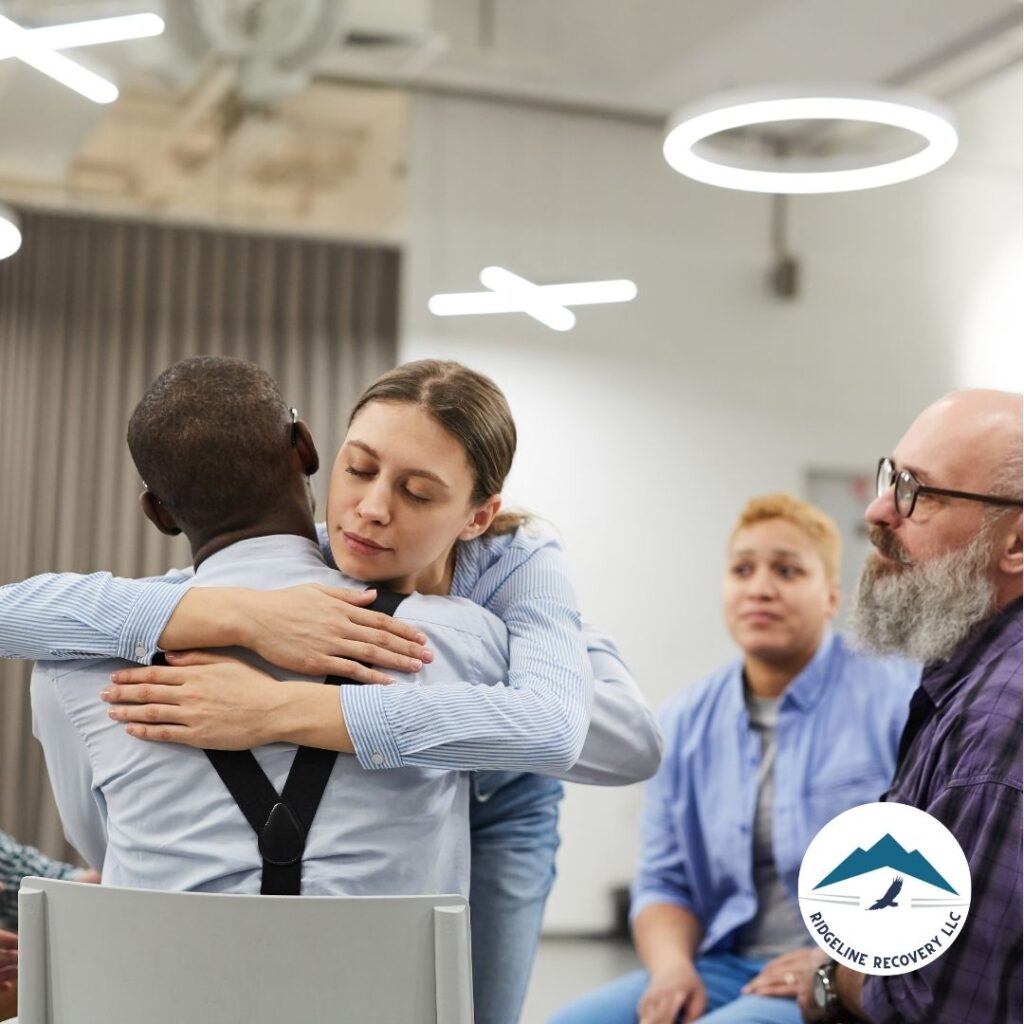 A group therapy session in progress, demonstrating the community aspect of addiction therapy.