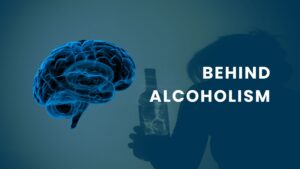 A brain graphic alongside the shadow of a person holding a bottle demonstrates the neurological and psychological causes of alcoholism.