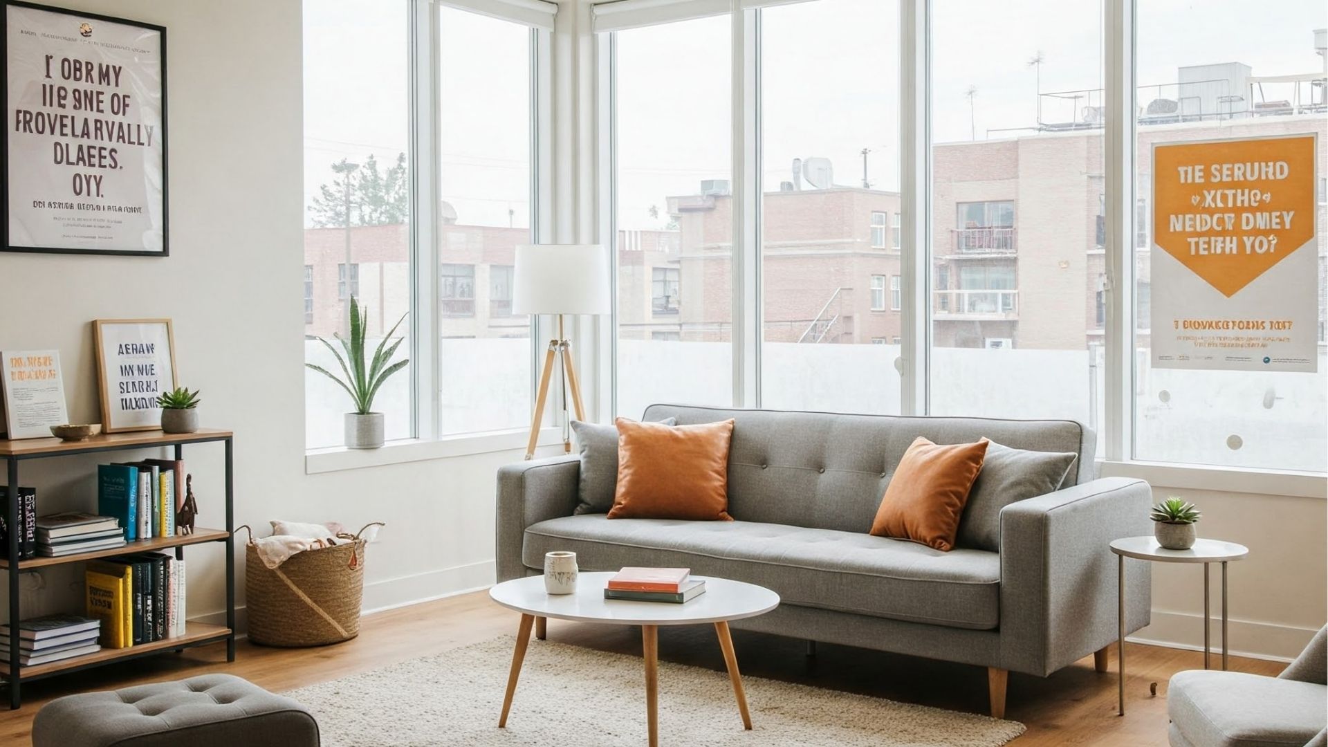 Sober Living Rooms for Rent: A bright and clean living room with a couch, table, and large windows, representing a comfortable space in a sober living home.