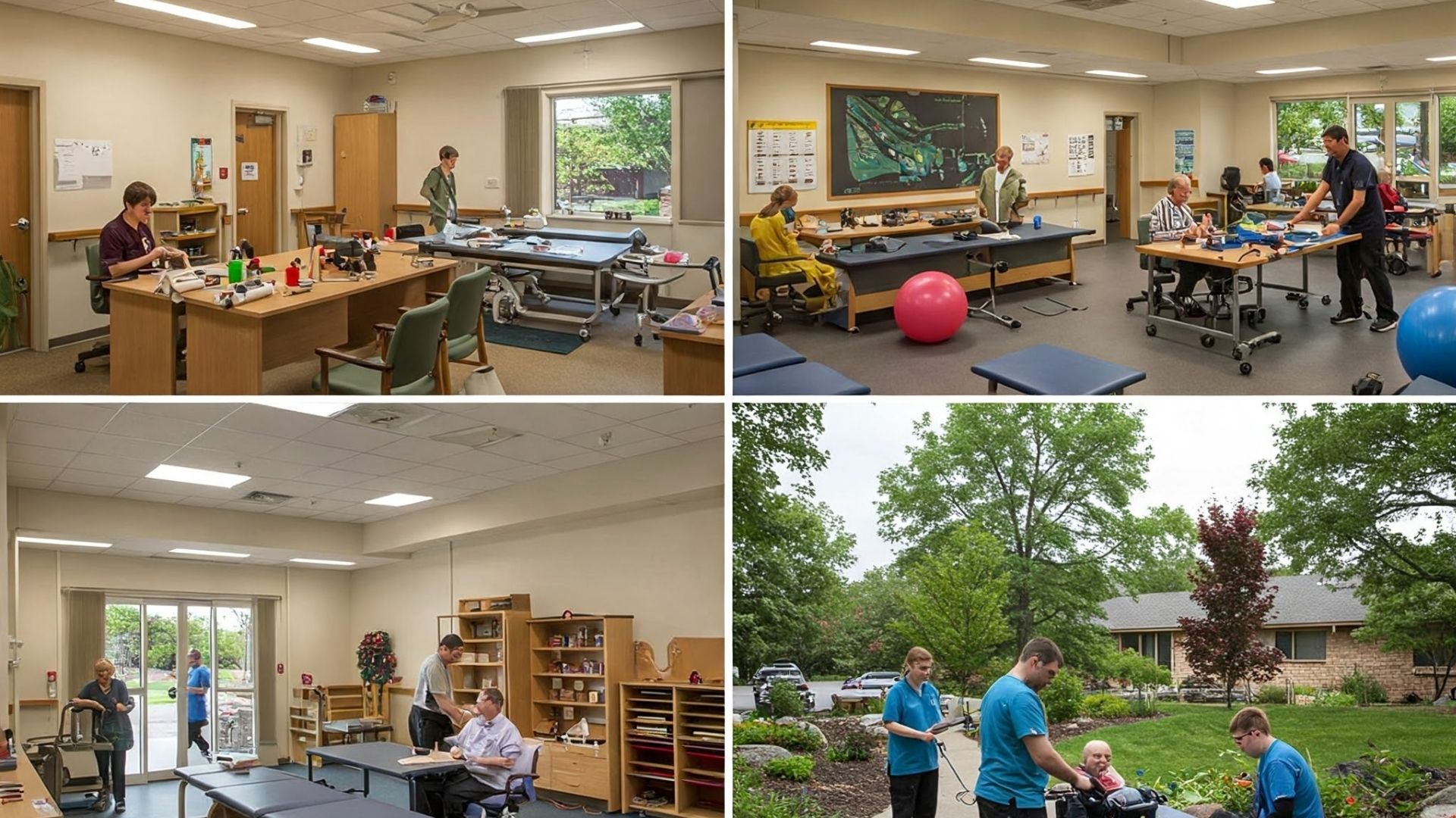 Drug Rehabs in Columbus Ohio: A collage of four images showing various therapeutic activities and settings at a potential drug rehabilitation center.