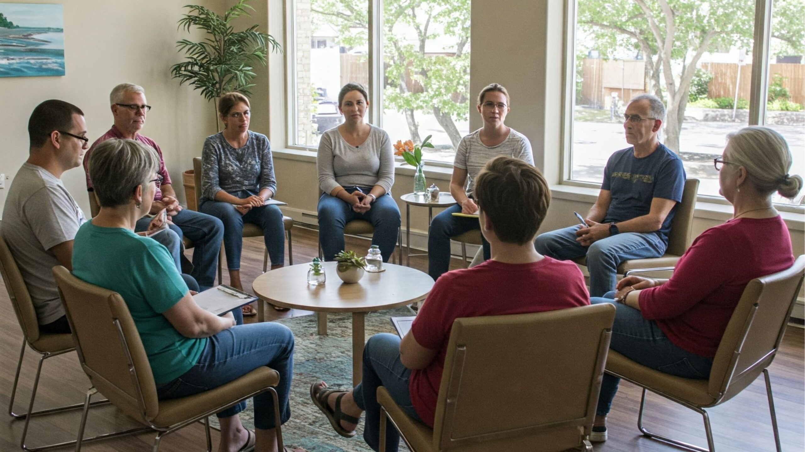 Aftercare Programs: A group of individuals sitting in a circle in a well-lit room, engaged in a support meeting for addiction recovery.