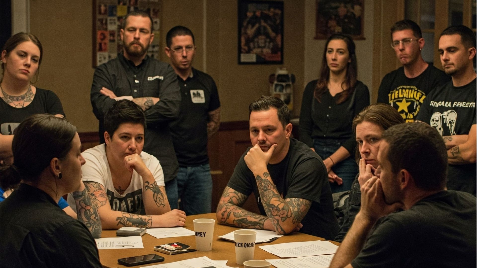 aa na meetings columbus ohio: A group of individuals with serious expressions gathered around a table during what appears to be an AA or NA meeting in Columbus, Ohio.