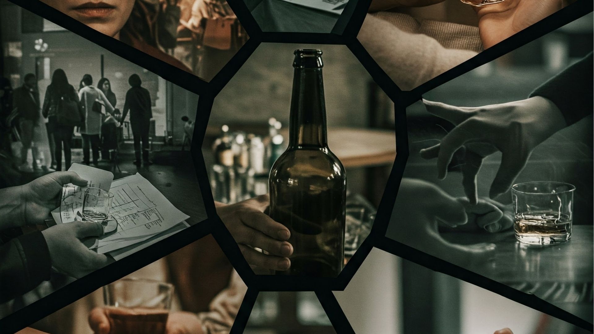 Why Do People Become Alcoholics?: A collage of fragmented images depicting various potential factors that contribute to alcoholism, including social settings, stress, and the presence of alcohol.