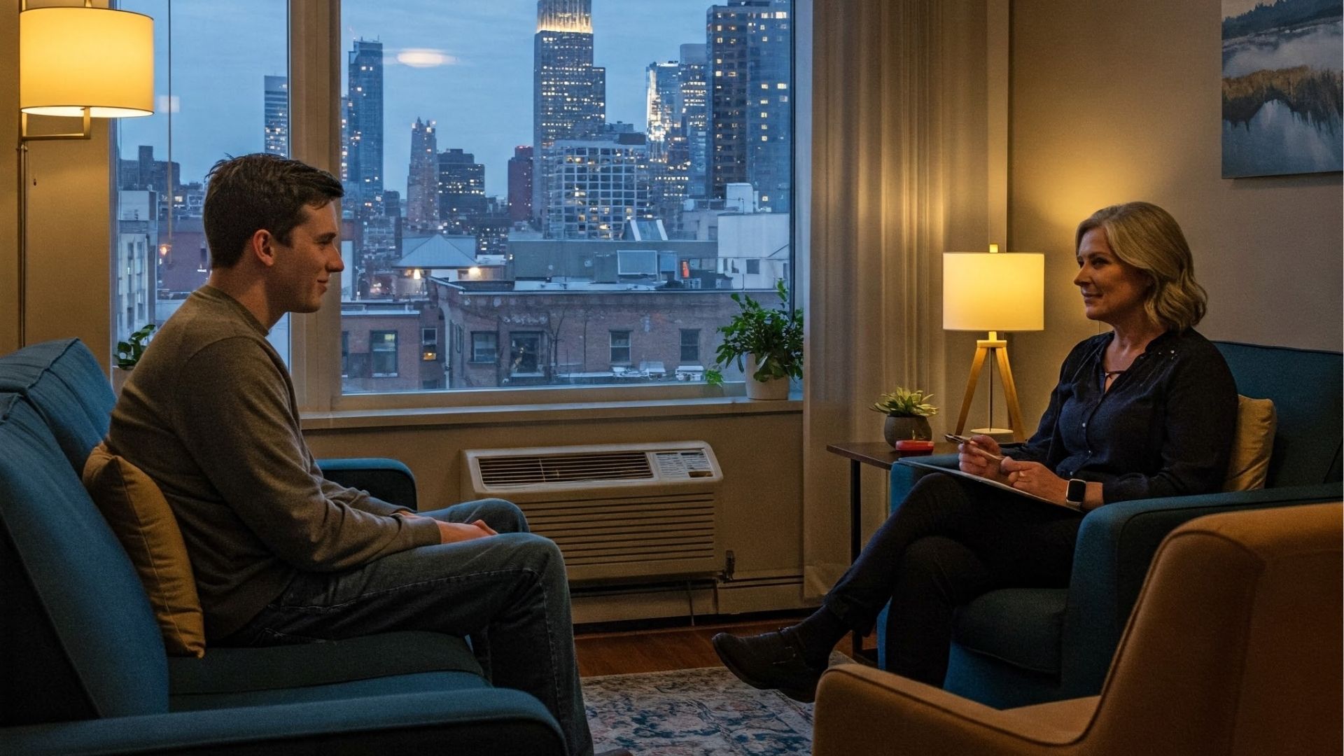 Detox Inpatient Near Me: A young man talking with a woman holding a clipboard in a private office setting with a city view, likely discussing inpatient detox for alcohol.