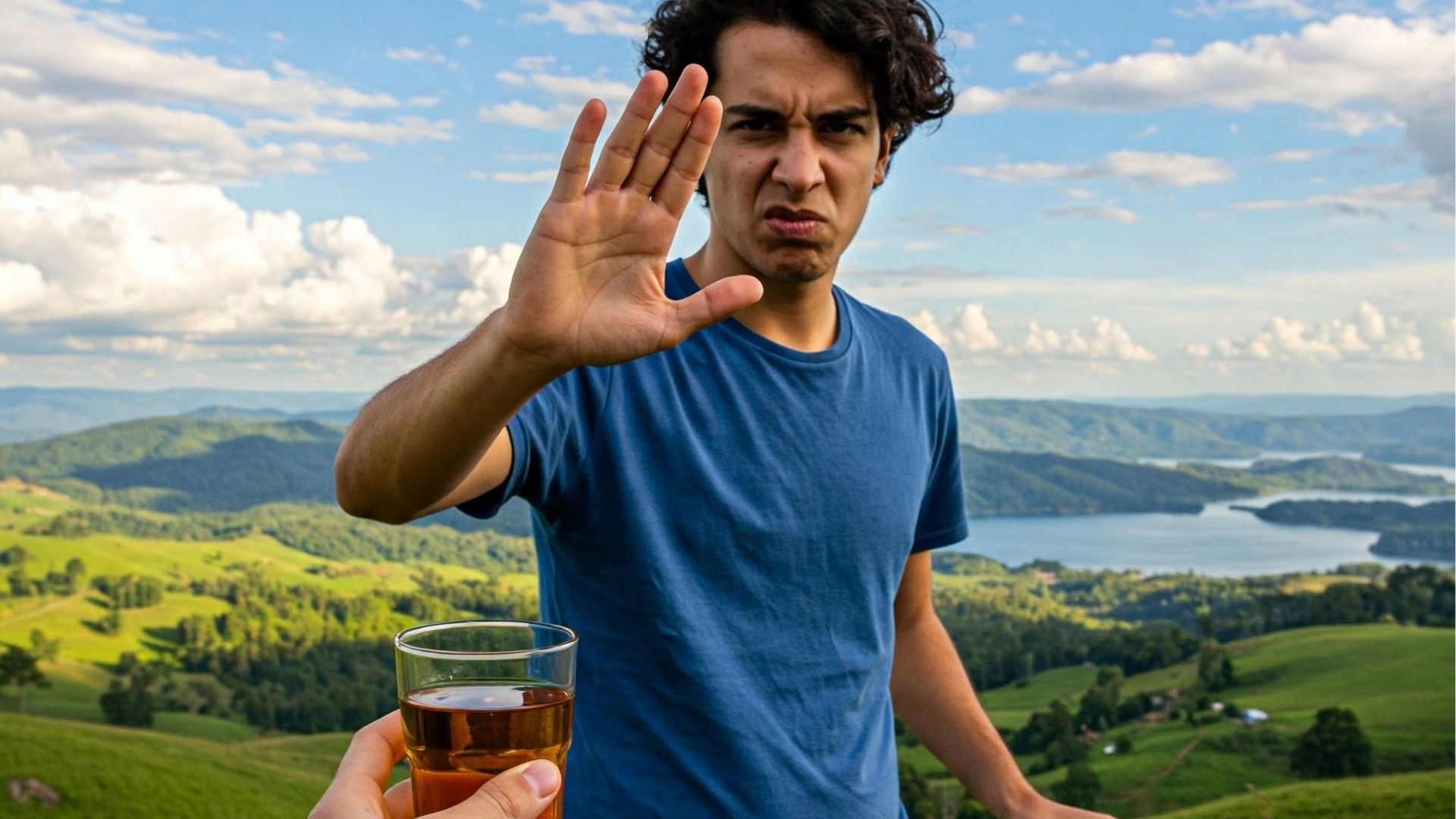 Detox From Alcohol Near Me: A person outdoors grimacing and holding up a hand to refuse a glass of alcohol being offered.