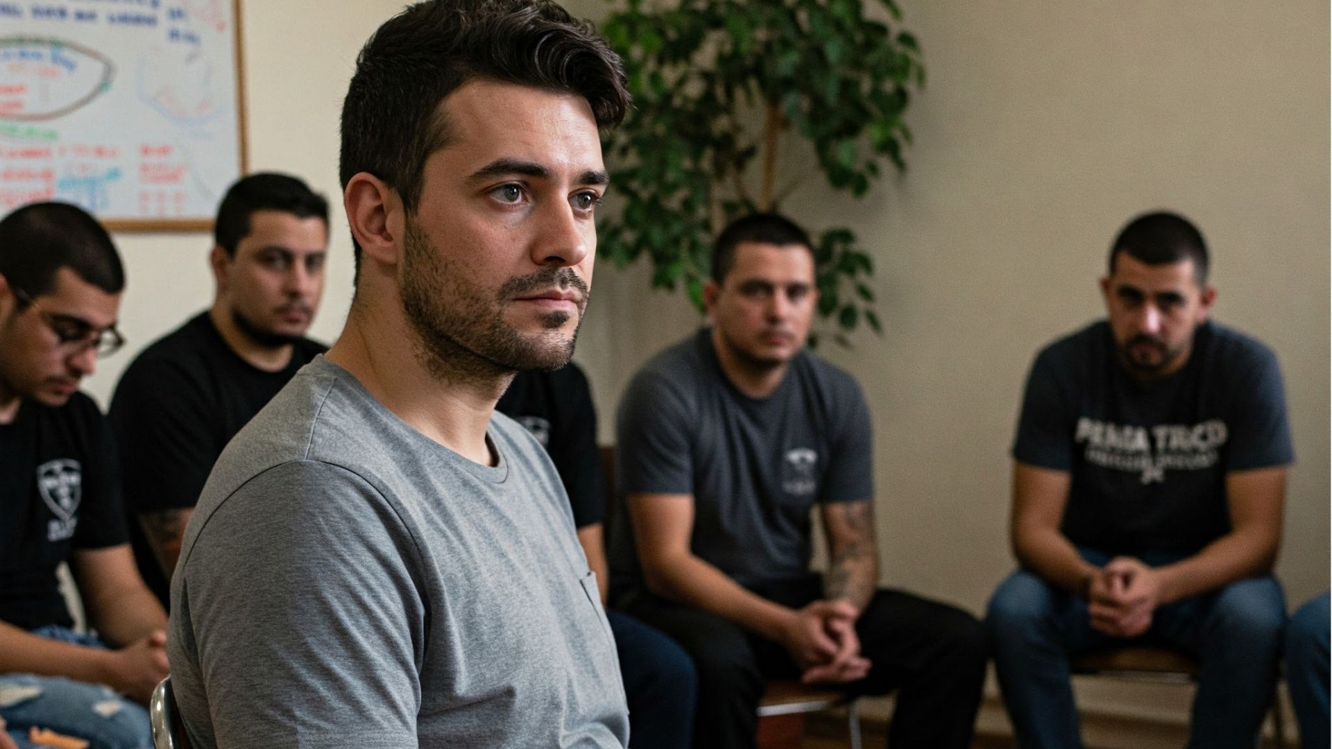 2 Week Rehab Near Me: A group of men in a support meeting, representing individuals seeking information and community for short-term rehabilitation options.