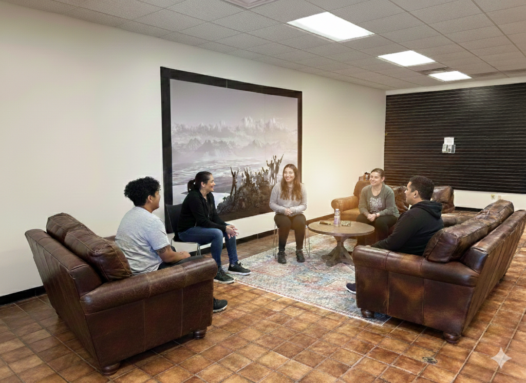 A diverse group of people participating in a supportive dual diagnosis treatment circle at Ridgeline Recovery.