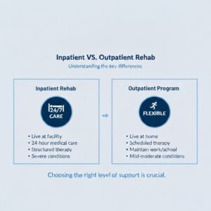 Comparison chart for inpatient vs outpatient rehab showing 24/7 facility care versus flexible home-based treatment.