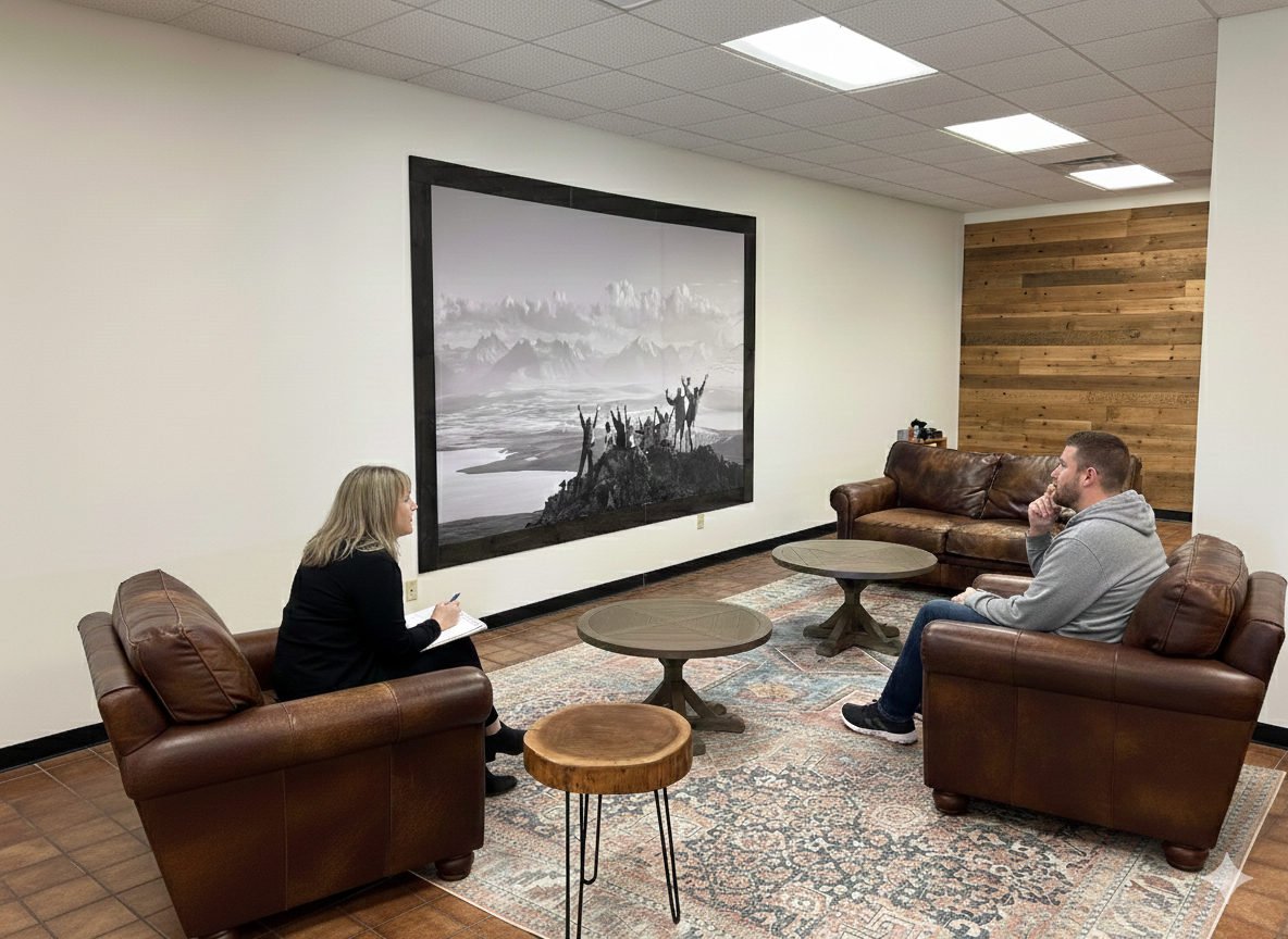 A therapist taking notes during a private dual diagnosis treatment session with a client.