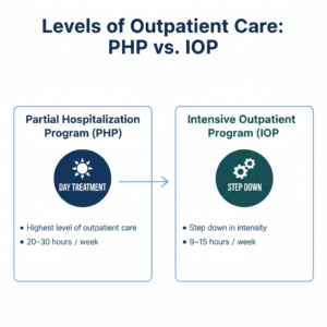 Inpatient vs Outpatient Rehab. A comparison chart showing the differences between Partial Hospitalization Program (PHP) and Intensive Outpatient Program (IOP) as part of the inpatient vs outpatient rehab continuum.