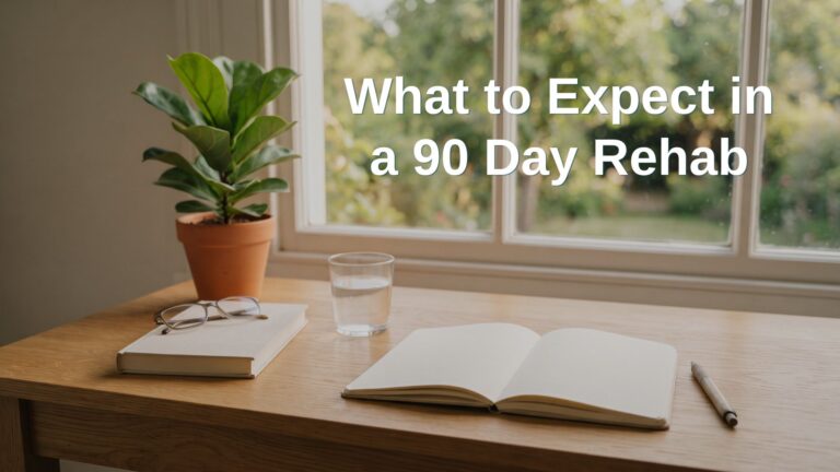 A peaceful study setting with an open notebook, plant, and glass of water, illustrating a guide from Ridgeline Recovery on what to expect during a 90 day rehab program.