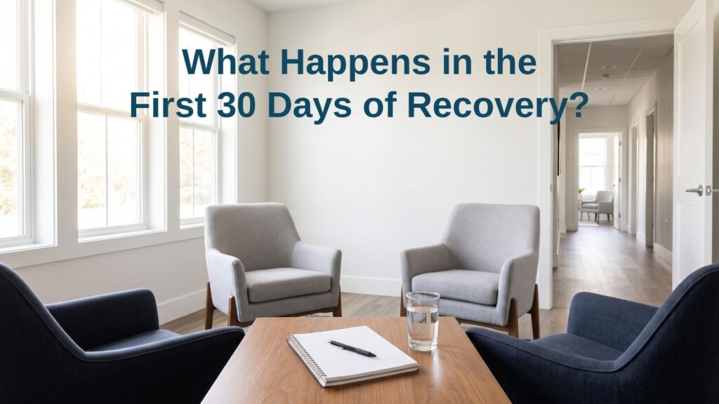 A welcoming, sunlit group therapy room set up for counseling sessions, featuring text overlay discussing what to expect during the first 30 days of recovery.