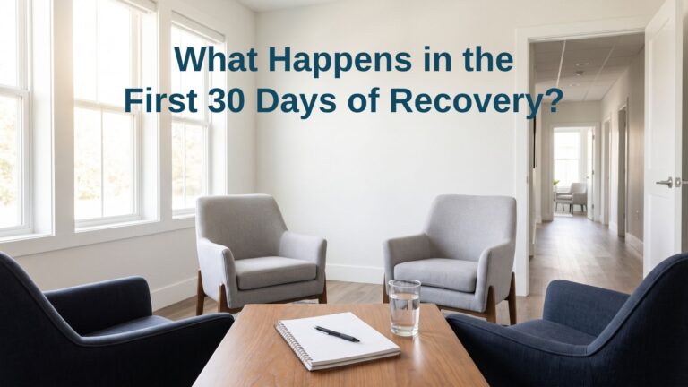 A welcoming, sunlit group therapy room set up for counseling sessions, featuring text overlay discussing what to expect during the first 30 days of recovery.