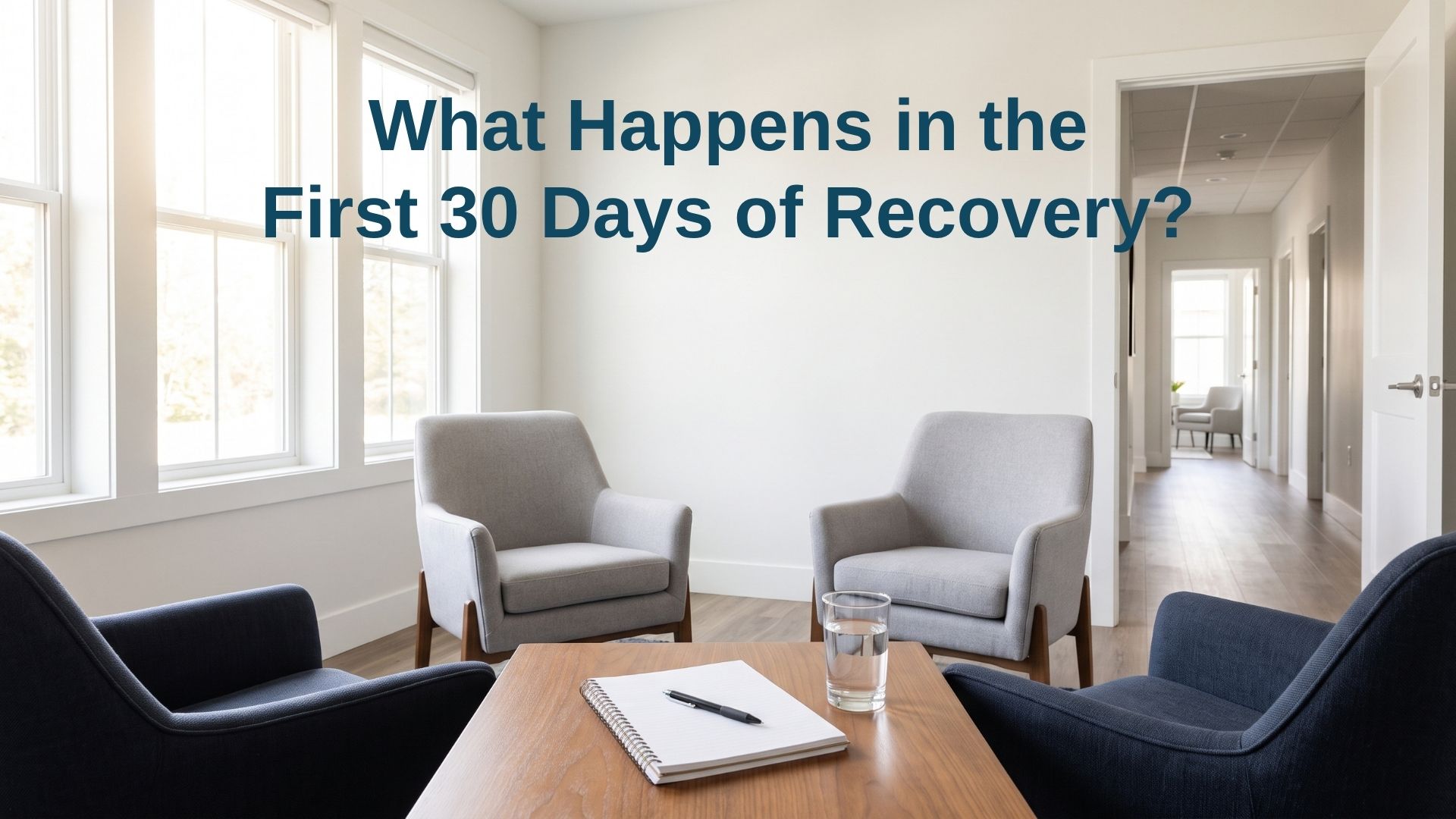 A welcoming, sunlit group therapy room set up for counseling sessions, featuring text overlay discussing what to expect during the first 30 days of recovery.